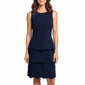J. McLaughlin Navy Blue Sleeveless Sheath Dress w/ Tiered Scallop Skirt sz 6